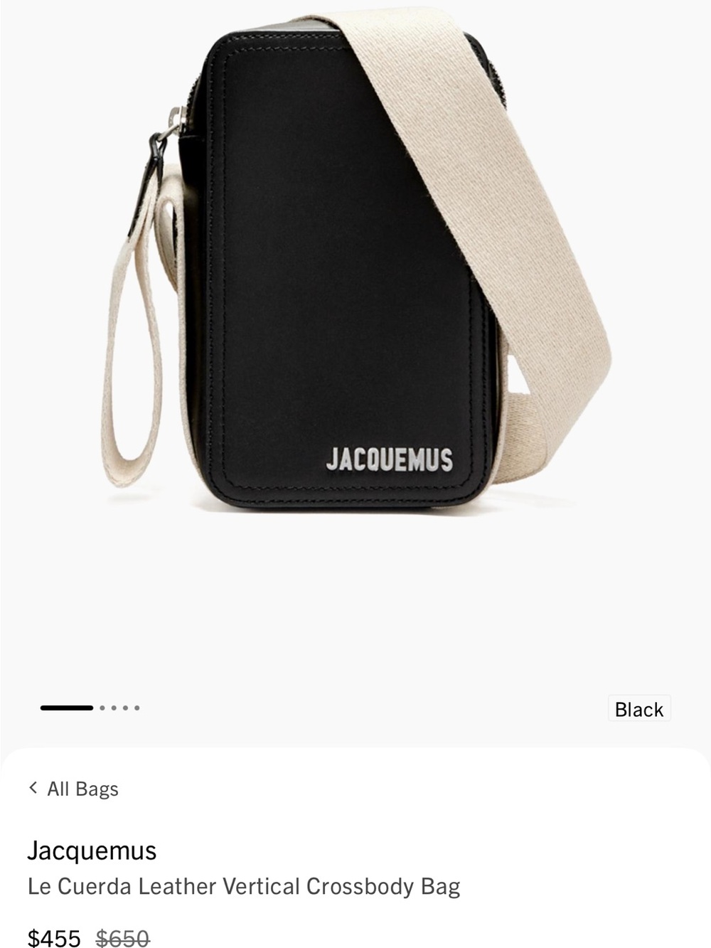 Jacquemus Black Leather Vertical Crossbody with Cream Strap